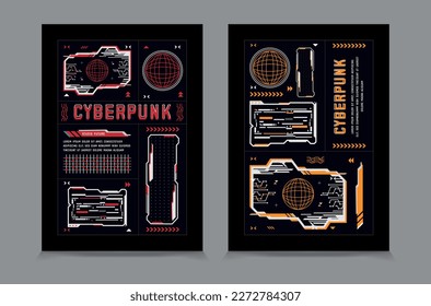 Poster mit Hud-Elementen, Cyberpunk-Banner, Hochtechnologie-Banner mit 3D-Figuren, Vektorgrafik EPS10