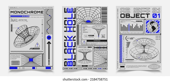 Afiches con elementos HUD, rejilla de perspectiva, elementos de diseño futurista, gráfico, agujero negro y modelo del planeta. Pancarta abstracta con figuras en 3D con marco de cables. Estilo retro ciberpunk