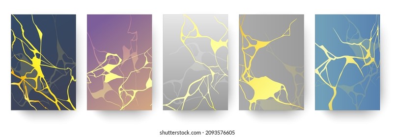 Posters With Japanese Gold Kintsugi Cracks, Marble Texture. Repaired Broken Pottery With Golden Lines. Luxury Art Prints Design Vector Set. Illustration Of Crack Gold And Kintsugi Crackle