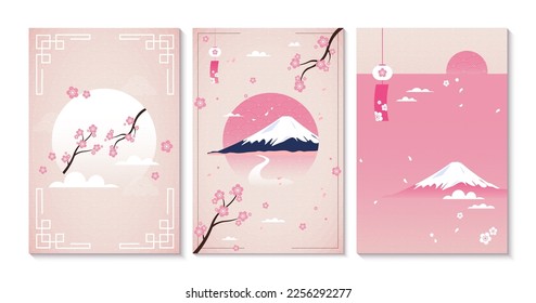 Posters for the Japanese holiday. Beginning of spring, cherry blossoms. Mount Fuji vector illustration. Asian style, oriental flowers, cute background. Japanese flyer, brochure voucher template.