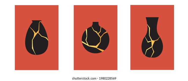 Posters Kintsugi. Black golden Japanese vintage vase in flat style. Restoration of old dishes. Marble pattern. Stylish element of your design postcard. All objects are isolated. Vector illustration. 