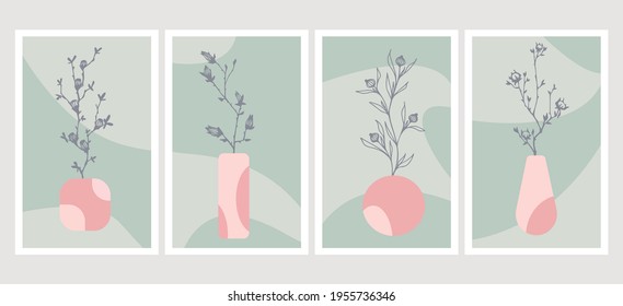 posters with leaves and flowers in vases, in pastel colors, in a modern minimalist style, flowing lines and shapes, vector graphics
