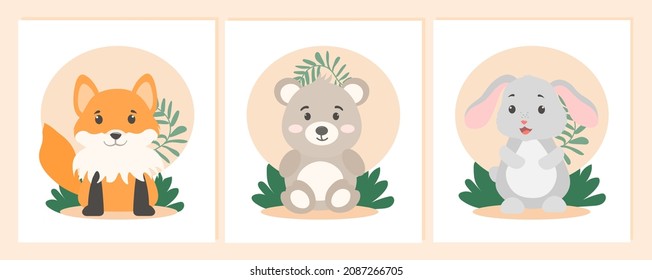 Posters with little animals. Graphic elements for site, childrens images. Collection of postcards with characters. Fox, bear and rabbit. Cartoon flat vector illustrations isolated on beige background