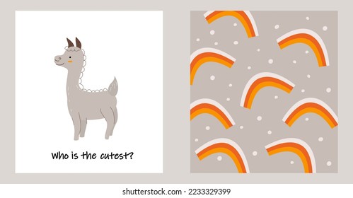 Posters with llama and rainbows in hand drawn style. Vector stock illustration. Doodle. isolated. Animals. children's print
