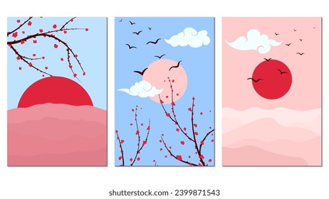 posters with minimalistic eastern landscape vivid colors. vector illustration