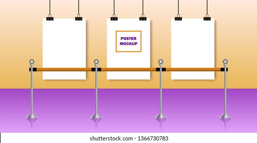 Posters mock up, three blank clean empty vertical posters hanging on clips with steel barricade with yellow band in museum or exhibition, vector illustration mockup