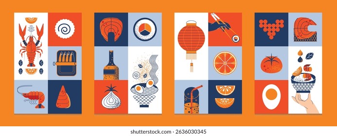 Posters modern geometric seafood with fish, oyster, lobster