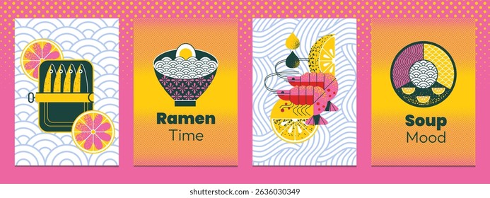 Posters modern geometric seafood with fish, shrimp, ramen