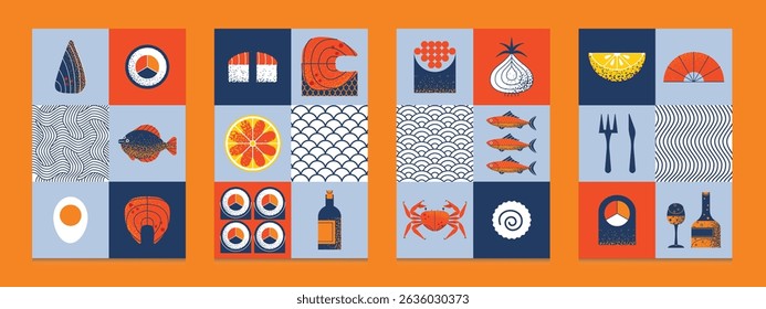 Posters modern geometric seafood with fish, oyster, lobster