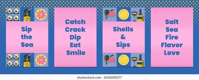 Posters modern geometric seafood with oysters, sushi, wine, champagne, glass, citrus
