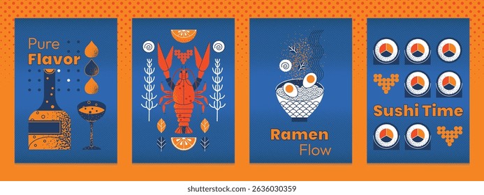 Posters modern geometric seafood with ramen, champagne, wine, sushi, scallop, lobster