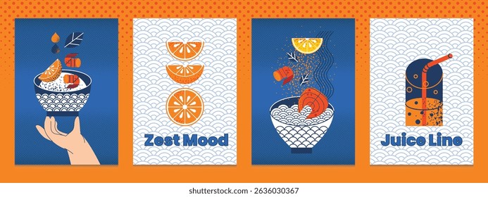 Posters modern geometric seafood with shrimp, salmon, ramen, citrus