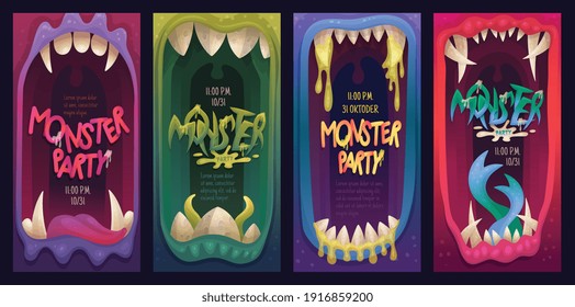 Carteles de fiesta monstruosa con bocas terribles con lenguas y dientes afilados. Expresión atemorizante facial y emociones, diseño de halloween. Ilustraciones planas del vector de dibujos animados.