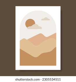 Posters with mountain landscape concept and pastel colors. Plant leaves, Great design for social media, prints, wall decoration. Vector illustration
