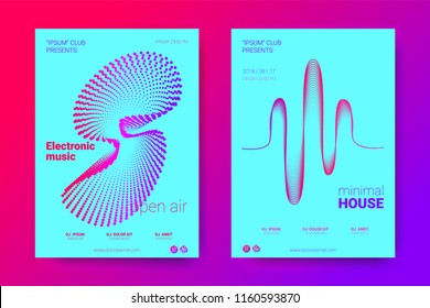 The Posters of a Music Party. Bright Abstract Backgrounds with Distorted Circles and Stripes. Wave Poster with Vector Colorful Equalizer. Effect 3d and Gradient. Modern Poster of Electronic Music Fest