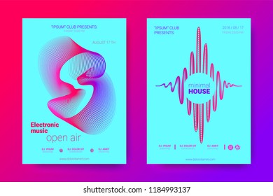 The Posters of a Music Party. Bright Abstract Backgrounds with Distorted Circles and Stripes. Wave Poster with Vector Colorful Equalizer. Effect 3d and Gradient. Modern Poster of Electronic Music Fest