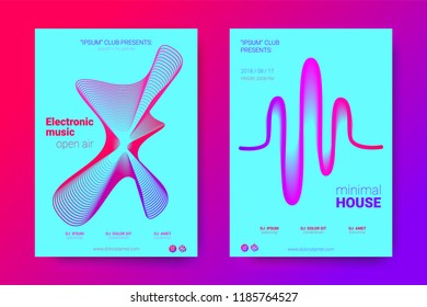 The Posters of a Music Party. Bright Abstract Backgrounds with Distorted Circles and Stripes. Wave Poster with Vector Colorful Equalizer. Effect 3d and Gradient. Modern Poster of Electronic Music Fest