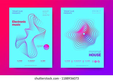 The Posters of a Music Party. Bright Abstract Backgrounds with Distorted Circles and Stripes. Wave Poster with Vector Colorful Equalizer. Effect 3d and Gradient. Modern Poster of Electronic Music Fest