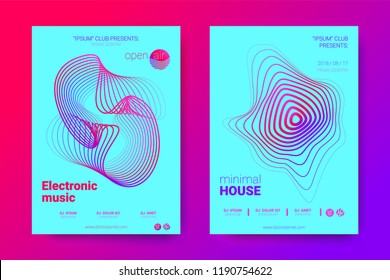 The Posters of a Music Party. Bright Abstract Backgrounds with Distorted Circles and Stripes. Wave Poster with Vector Colorful Equalizer. Effect 3d and Gradient. Modern Poster of Electronic Music Fest