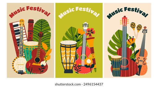 Posters with musical instruments. Set of flyers for a music festival. Vector illustration