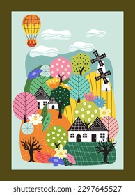 Posters with nature landscape. Colorful scenery with rustic agricultural fields, windmills, garden trees and houses. Farming and Village Life. Cartoon flat vector illustration on dark background