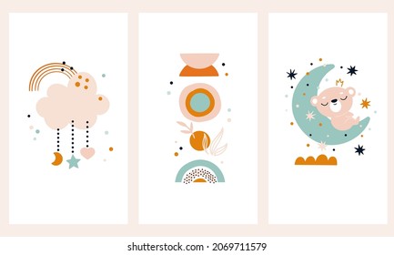 Posters for the nursery with a bear on the moon and clouds. Vector illustration in a modern style