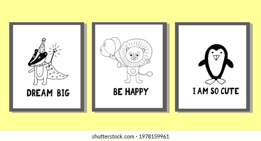 posters for Nursery room decor. set of children prints with cute animals and lettering. hand drawn doodle. vector, scandinavian, nordic, minimalism, monochrome. newborn, sticker, card