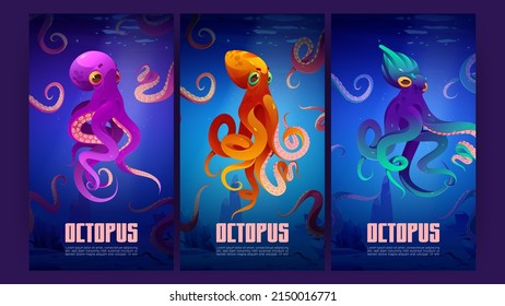 Posters with octopuses underwater in sea. Vector vertical banners with cartoon illustration of ocean bottom landscape with giant marine animals with suckers on tentacles in blue water