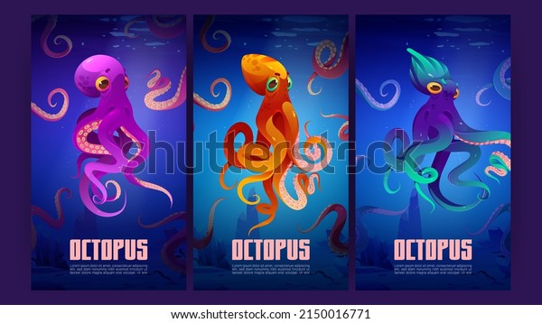 Posters\
with octopuses underwater in sea. Vector vertical banners with\
cartoon illustration of ocean bottom landscape with giant marine\
animals with suckers on tentacles in blue\
water