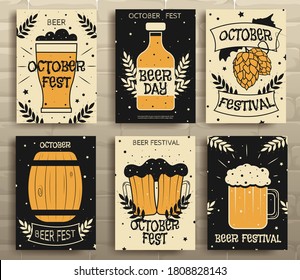 Posters for the Oktoberfest, beer tap, hops, barrel.  Vintage beer label on the golden beer background. Oktoberfest beer festival celebration. Vector illustration 