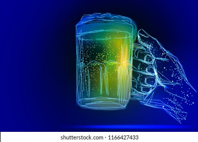 Posters to oktoberfest festival. Male hold glass with beer. Vector polygonal. Alcohol vector wireframe