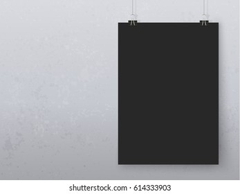 Posters on binder clips on blue grunge  wall. Paper mockups set. Modern trendy framing for your design. Vector template for picture, painting, drawing, quotes poster or photo.