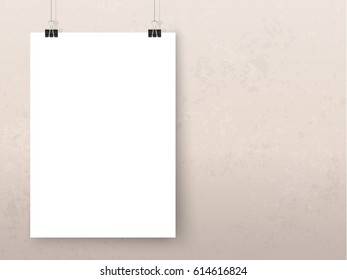 Posters on binder clips on grunge wall. Paper mockups set. Modern trendy framing for your design. Vector template for picture, painting, drawing, quotes poster or photo.