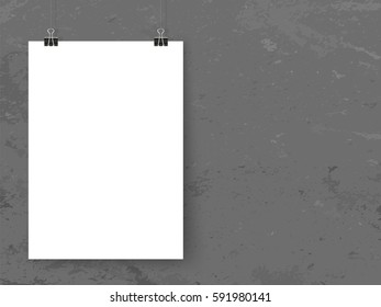 Posters on binder clips. Paper mock up on grey grunge wall. Modern empty template for your design. Vector banner mockup for picture, painting, drawing, quotes poster or photo.