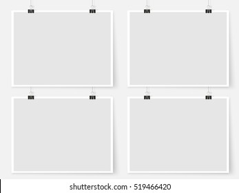 Posters On Binder Clips On The Wall. Rectangular Paper Mockups Set. Modern Trendy Horizontal Framing For Your Design. Vector Template For Picture, Drawing, Quotes Poster Or Photo.