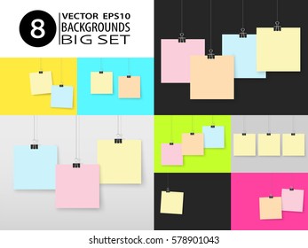 Posters on binder clips on walls set. Realistic vector mockup illustrations. Collection of paper notes. Set of empty vector notes for your design, drawings, logos or quotes.