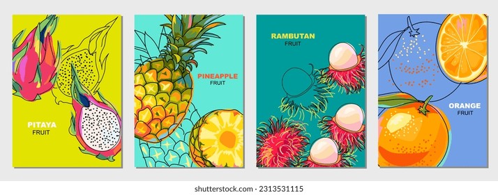 Posters with orange, pineapple, pitaya and rambutan fruits. Whole and half tropical summer fruits. Set of cover templates for brochure, flyer and poster use. Vector illustration.