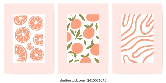 Posters with oranges in color of the year Peach Fuzz. Modern trendy Matisse minimal style. Hand drawn design for wallpaper, wall decor, print, postcard, cover, template, banner.