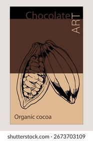 Posters of organic cocoa beans processed into dry cocoa by farmers in pop-colored sketches for graphic design packaging labels for promotion and print or digital artwork with a pop colour style.