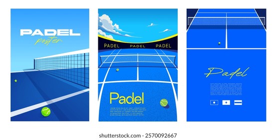 posters for padel competitions. on blue background with image of court, ball and padel racket. background, texture, flyer