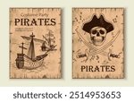 Posters with pirates set. Drawing ship and skull with sabers. Invitational postcard for birthday party. Nautical trip and adventure. Flat vector collection isolated on white background