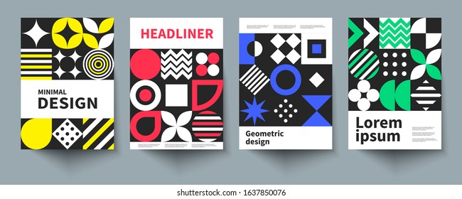 Posters and placards covers in bauhause style. Geometric elements and patterns for flyers, brochures. Vector illustration in 80s style