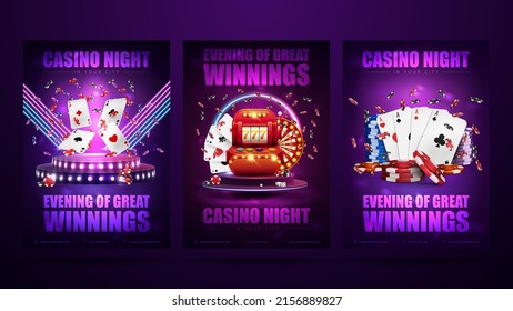 Posters with podium with red slot machine, playing cards and poker chips. Casino night, set of invitation posters with neon casino elements.