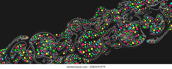 Posters for presentations, business, technology, medicine. Abstract black background with colorful elements. Vector texture of chaotic waves, particles, circles. Information grid in neurographic style