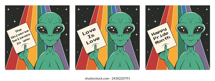 Posters for pride day with alien. UFO with LGBTQ pride flag colours light. Vector illustration