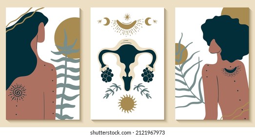 Posters print in boho style, interior design, social media design. Women with plants and abstraction