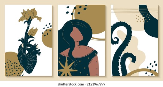Afiches impresos en estilo boho, diseño de interiores, diseño de medios sociales. Mujeres con plantas y abstracción