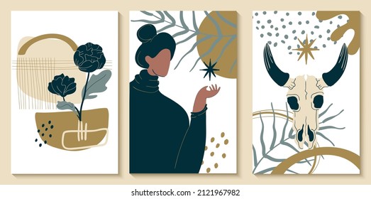 Posters print in boho style, interior design, social media design. Women with plants and abstraction