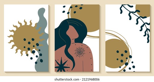 Afiches impresos en estilo boho, diseño de interiores, diseño de medios sociales. Mujeres con plantas y abstracción