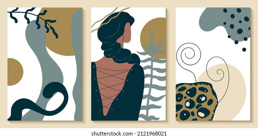 Posters print in boho style, interior design, social media design. Women with plants and abstraction